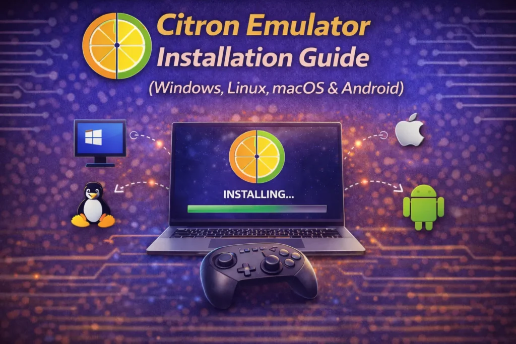 Citron Emulator Installation Guide showing setup steps for Windows, Linux, macOS, and Android devices