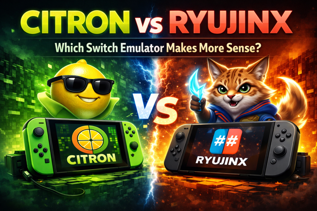 Citron vs Ryujinx Nintendo Switch emulator comparison showing both emulator logos and consoles