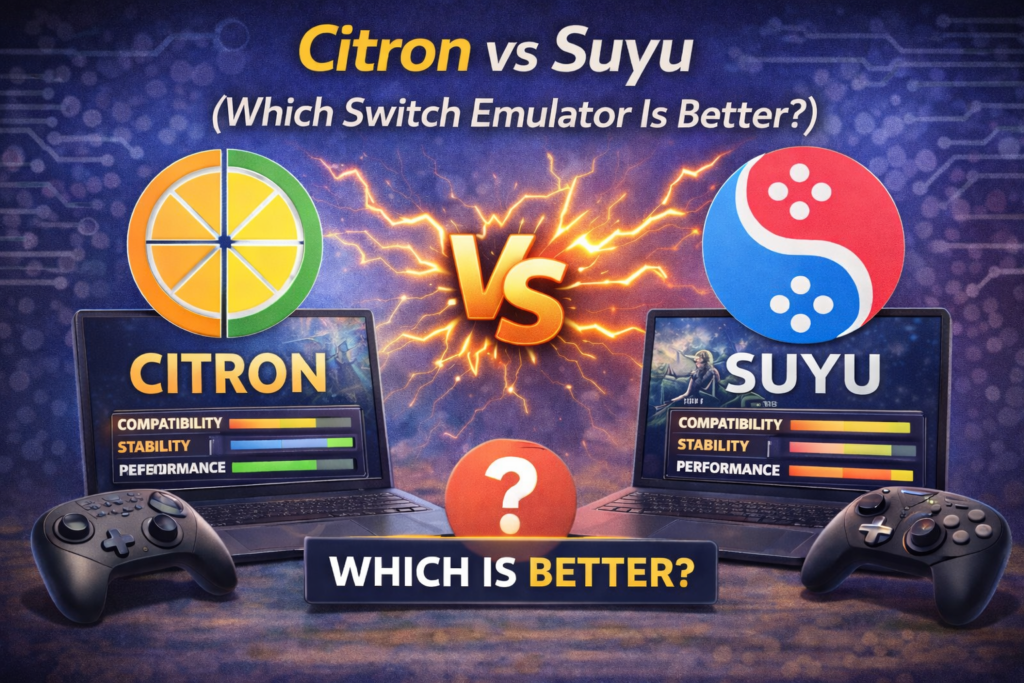 Citron vs Suyu Switch emulator comparison image showing both logos and Nintendo Switch consoles side by side