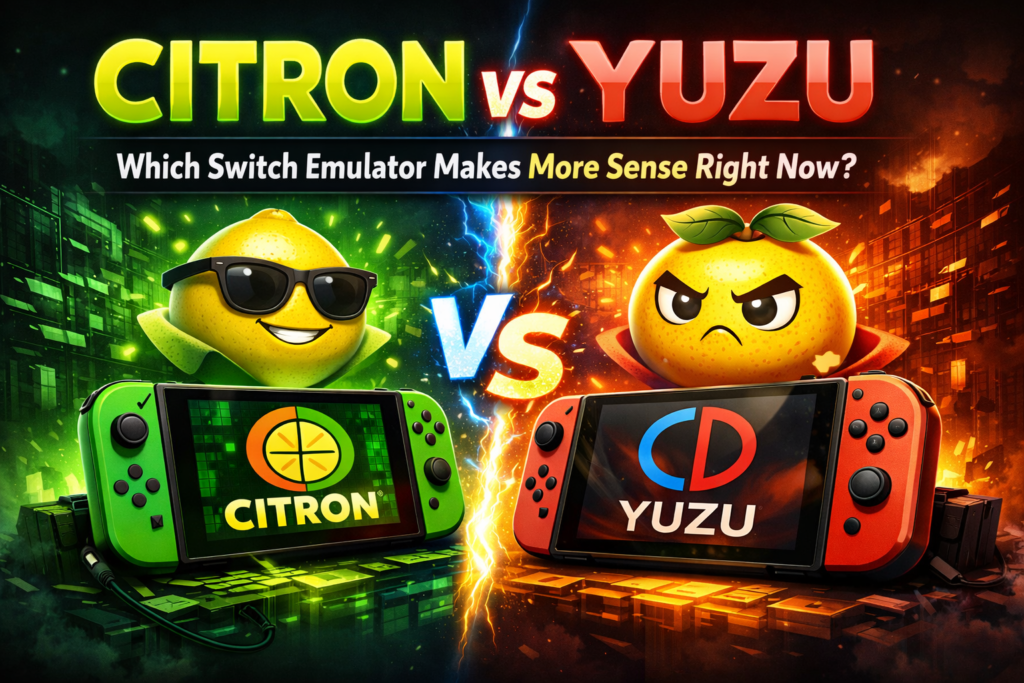 Citron vs Yuzu Nintendo Switch emulator comparison showing both emulator logos and consoles side by side