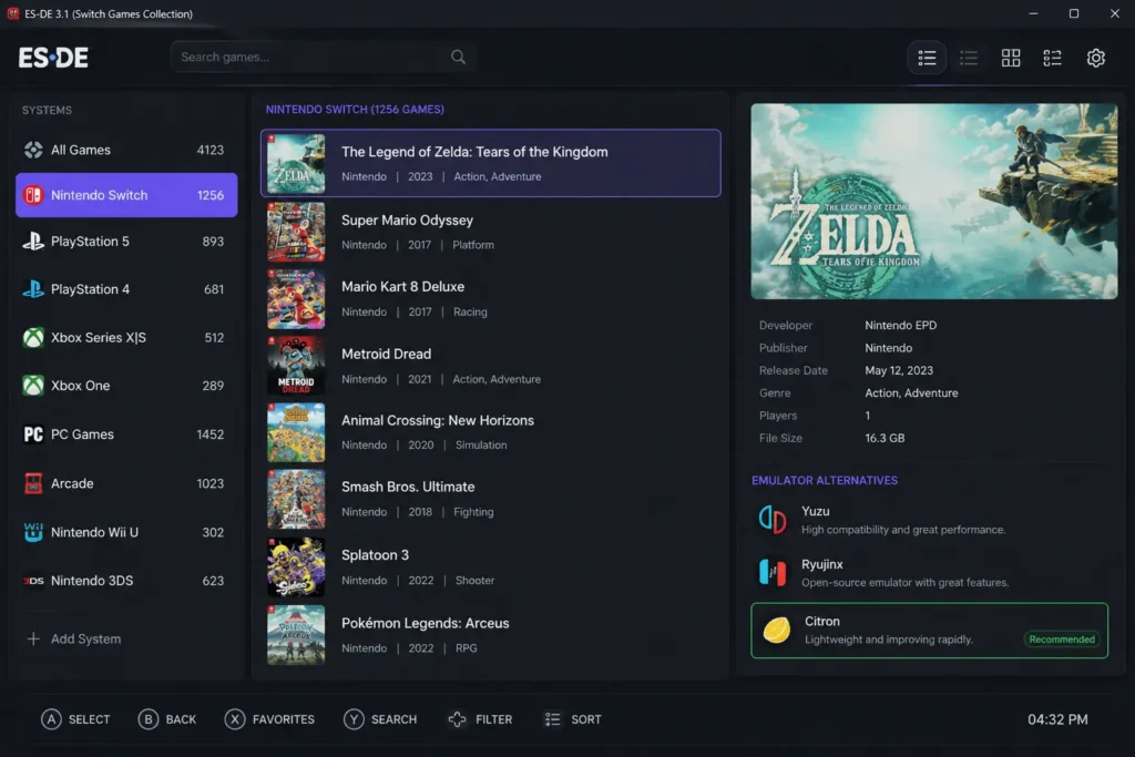 ES-DE Switch game library interface showing Citron listed as an alternative Nintendo Switch emulator.